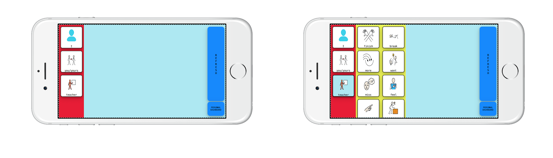 AAC mobile landscape interface with three step communication process.